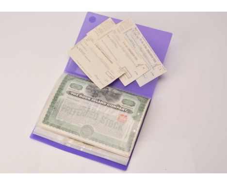 A collection of share certificates and banknotes, including two early 20th century share certificates from The Rock Island Co