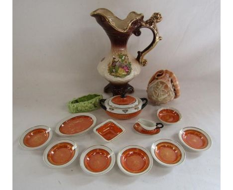 Staffordshire decorated jug, engraved conch shell, green squirrel crocus planter and child's lustre ware dinner service