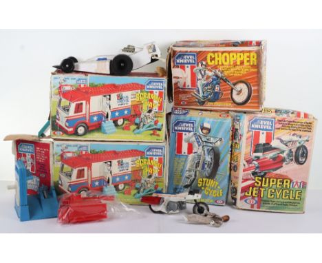 Vintage 1970s ideal “Evil Knievel” action figures sets, including, boxed “chopper” with action figure, boxed “stunt cycle” wi