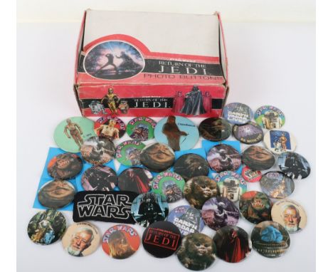 Collection of Vintage Star Wars button badges, including: C-3PO, Darth Vadar Lives, May the force be with you, Chewbacca, Ben