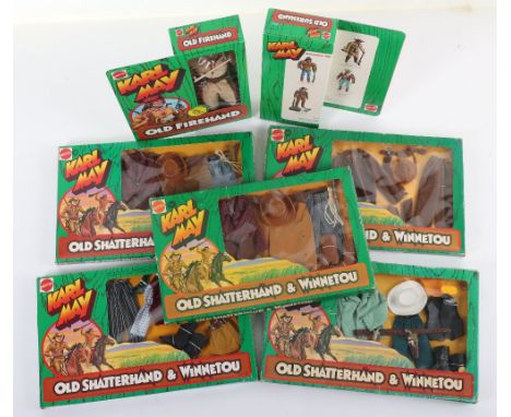 Scarce Mattel Karl May Big Jim Adventure Sets, 9498 Old Surehand, 9497 Old Firehand,9410 Scout outfit, 2 x 9411 Cowboy,9412 T