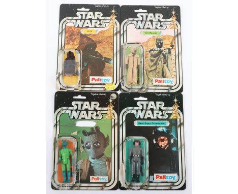 Palitoy Star Wars Death Squad Commander,12 back card, Jawa with cloth robe and blaster,12 back card, Sand People with Gaffi s