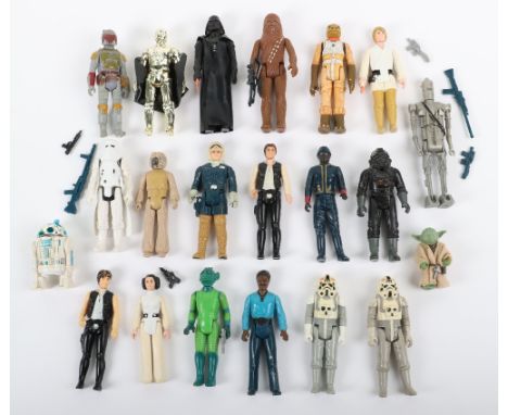 Twenty Loose Vintage Star Wars Figures, 3 ¾ inches, Chewbacca, with replacement bowcaster @G.M.F.G.I 1977 no coo, Luke Skywal