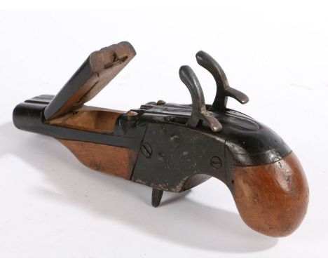 A 19th Century treen and metal snuff box, modelled as a double barrelled pistol, the barrels with hinged snuff compartment, 2