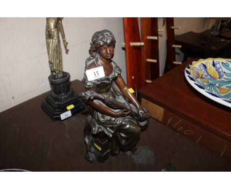 A spelter figure of a young girl playing the lute 