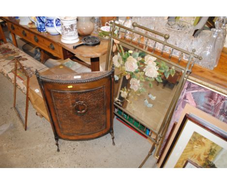 A Victorian brass and mirrored fire screen with rose decoration AF and a copper fire screen 