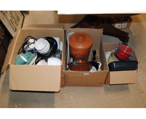Three boxes of various kitchenalia to include Henry Watson bread crock, various frying pans, ramekins, saucepans etc.