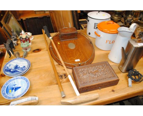 An oak twin handled tray and a polo mallet, walking cane with silver cap, and a hardwood trinket box