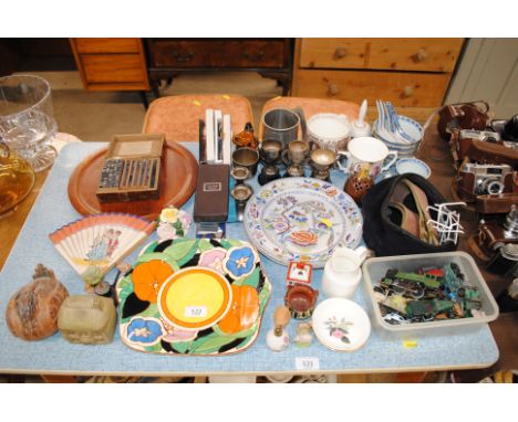 A quantity of various china etc. to include a 'Fantastique' pattern Clarice Cliff plate for Wilkinson AF, silver plated troph