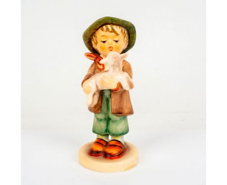 Hand painted in matte finish. Featuring a boy holding a lamb. Brown, green and red coloration. Goebel backstamp. Impressed M.