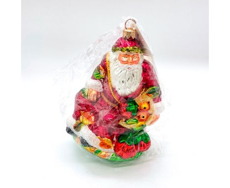 Part of the Santa For All Seasons Series. Depicts Santa holding a cornucopia full of fruit and vegetables, with fall colored 