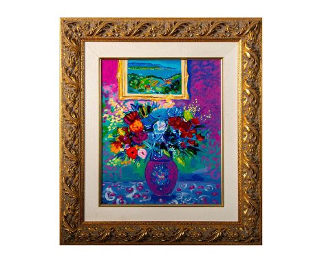 Color serigraph hand-embellished by Fauvist artist Jean-Claude Picot with acrylic paint on canvas. Entitled "Les Fleurs du Ja