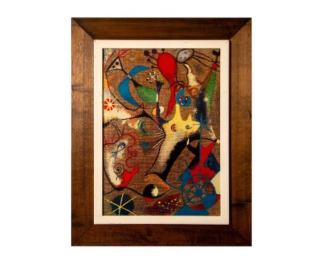 Very detailed color print on board of a colorful abstraction painted on thick jute canvas by Joan Miro . Signature in print o