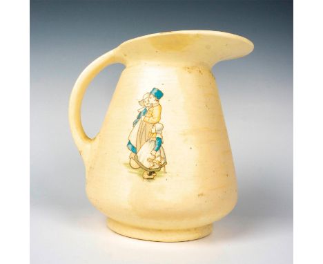Handled water pitcher transfer-decorated depicting Dutch family scenes, set against a cream colored ground with blue rim outl