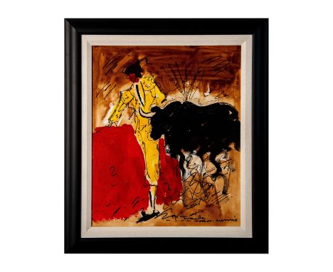 Acrylic on canvas of a toreador and a bull entitled "Toros" made in bright red, yellow and black with sweeping brushstrokes o