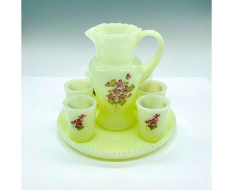 Pitcher and cups all signed by artist on bottom. Pitcher: 4"L x 3"W x 5.75"H. Plate: 7.25"dia. Cups: 1.75"dia. x 2.25"H. Arti