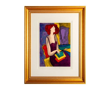 Color serigraph on wove paper of a woman with red hair and a low cut dress seated a a table, made with vibrant colors and bla