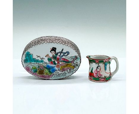 A tiny porcelain jug and a oval cover jewelry box with a mirror inside. Decorated with figures in pink colored enamel. Silver