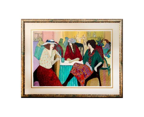 Large color serigraph on wove paper of three young women, each in their own thoughts, seating and relaxing on an terrace. Cre