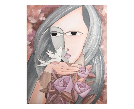 Massive oil on canvas close-up abstracted portrait of a pensive young woman with flowers holding a white dove in her hand. Ar