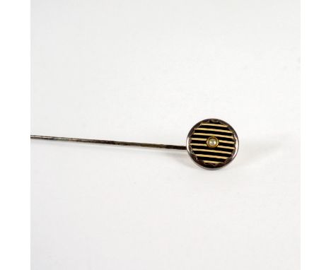 Silver tone hinged pin with a black and white striped disc with a faux pearl in the middle on the top.Issued: 19th-20th c.Dim