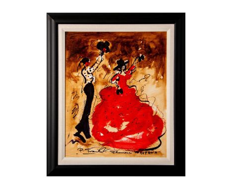 Acrylic on canvas of a couple of Flamenco dancers in bright red and black sweeping brushstrokes over a brown color stage and 