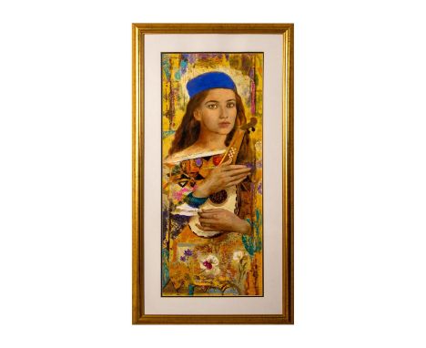 Color serigraph on paper entitled "Solista" that depicts a beautiful young who wears a bright ultramarine hat. She holds an o