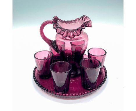 Adorable small set. Pitcher: 4.5"L x 4"W x 5.5"H. Plate: 7.5"dia. Cups: 1.75"dia. x 2.25"H. "DL" stamped on the bottom of all