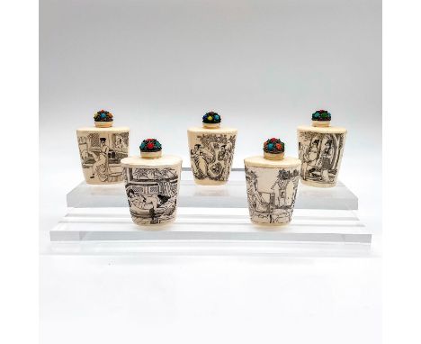 Carved natural material bottles with Chinese erotic scenes and spoon.This item has no reserve. Dimensions: 1.75"W x 3"HCondit