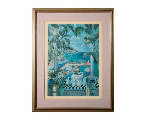 Color lithograph on paper entitled "Carnivale en Capri" made in a Romantic-Realist style that represents the famed Italian ha