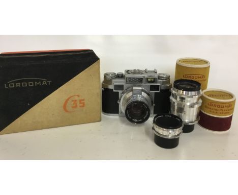 Lordomat C35 Camera
Serial No:73862
Lens: 50mm Lordon
Additional Lenses: 35mm Travenar + Box, 90mm Travenar + Box
Accessories