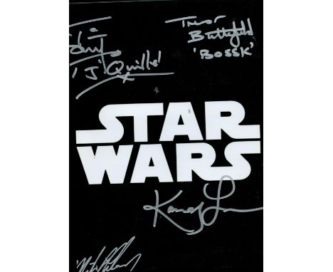 Star Wars 8x10 logo photo signed by FOUR actors who have appeared in the films, to include Trevor Butterfield, Kamay Lau, Mic