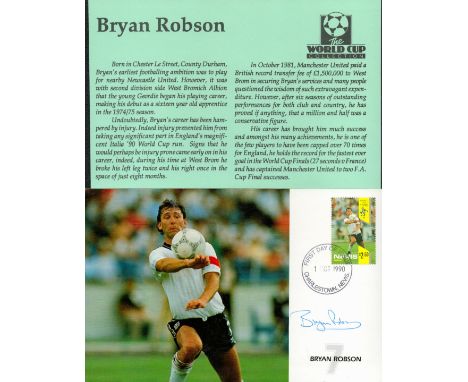 Football Bryan Robson signed 1990 World Cup First Day stamped promo card with card detailing his career. Good condition. All 