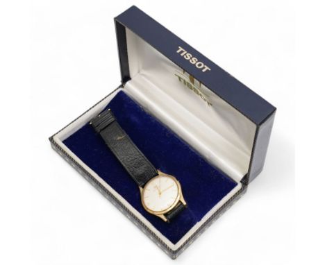 Tissot gentleman's 9ct gold manual wind wristwatch, back case engraved with initials, Birmingham 1963, on black leather strap