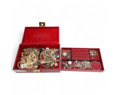 Gold wristwatch strap, signet ring, cross, brooches and opal ring, all 9ct, silver jewellery including bangle, necklaces and 