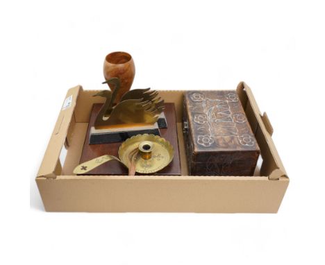 Small Chinese carved wooden box, oak cutlery box, Sumac wood goblet by Stan Jones, mahogany truncheon, brass chamber stick an