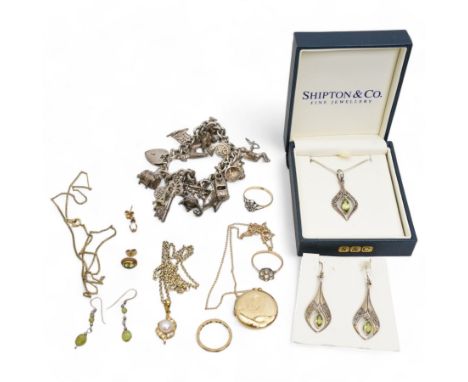 Silver charm bracelet, silver pearl pendant necklace, gold-plated locket pendant, on 9ct gold chain, two 9ct gold and silver 