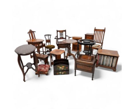 Collection of furniture - dumb valet chair; oval centre table; oval centre table; wash stand; oak plank stool; upholstered st