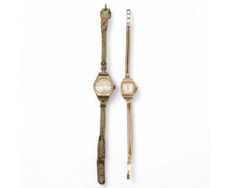 9ct gold manual wind wristwatch, on integral 9ct gold bracelet and a 9ct gold wristwatch, on leather strapCondition Report:Wr