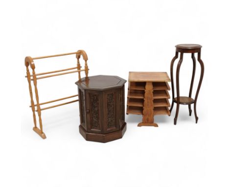 Hardwood octagonal lamp stand (W55cm); light wood towel rail; hardwood and brass inlaid drying rack; plank stand; telescopic 
