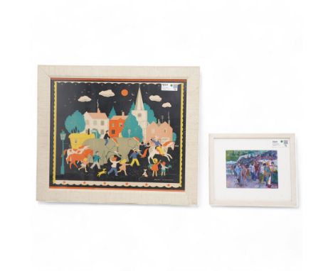 Pat Preater (British 20th century): 'Street Market', acrylic signed together with a Peggy Wickham lithograph (2)