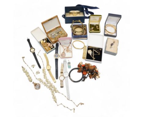 Early 20th century 14ct gold garnet stick pin, three 9ct gold stick pins, Omega 9ct gold manual wind wristwatch, on expanding