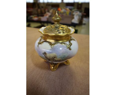Royal Worcester porcelain 'Sheep' potpourri, painted by James Allen, black printed mark, date code for 1955 and shape No. H26