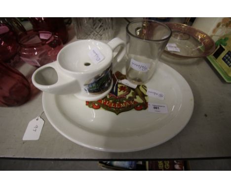Railway Interest - LMS Hotels Glass Beaker, Loco Printed Moustache Cup, Midwinter 'Pulman' Dish