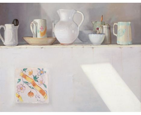 *Marcos (Contemporary) Spanish Still of assorted ceramic vessels and jugs on a ledge Signed, oil on canvas (with some applied