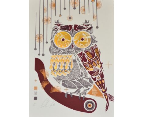 Graham Carter (Contemporary) ''Cirque de Bird'' Owl Formation Signed and numbered 26/100, silkscreen print with gold foil, to