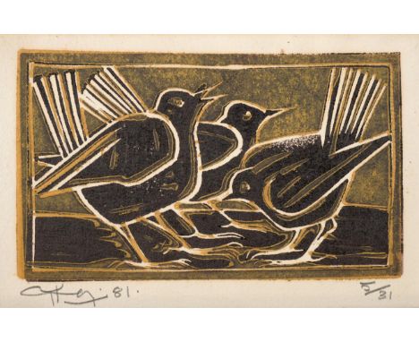 Geoffrey Key (b.1946) Three birds Signed in pencil and dated (19)81, numbered 5/31, woodblock print, 11cm by 19cm See illustr