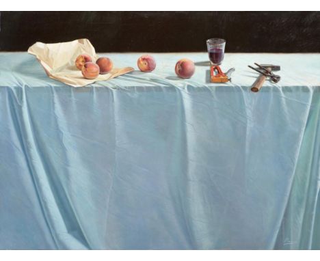 *Marcos (Contemporary) Spanish Still of peaches, brown paper, a glass of wine and tools on a tablecloth Signed, oil on canvas