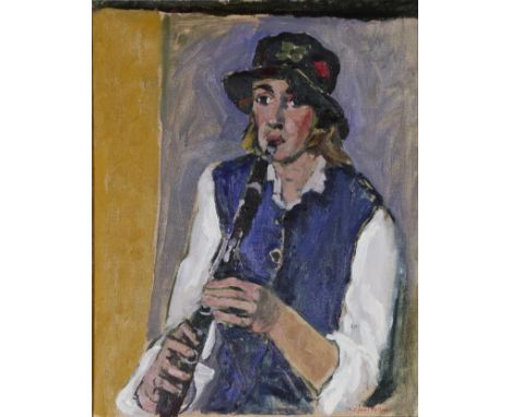 Eric James Mellon (1925-2014) Portrait of girl wearing a hat playing a clarinet Signed, dated (19)66 verso, oil on canvas, 49