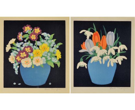 John Hall Thorpe (1874 - 1947) Australian ''Forget Me Nots'' ''Snowdrops and Crocus'' Each signed, colour woodblock print, 19